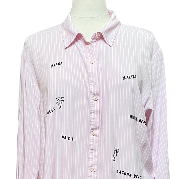 Pink White Stripe Jasmine & Ginger Long Sleeve Button Shirt Embroidered Beach‎ L - Picture 2 of 8